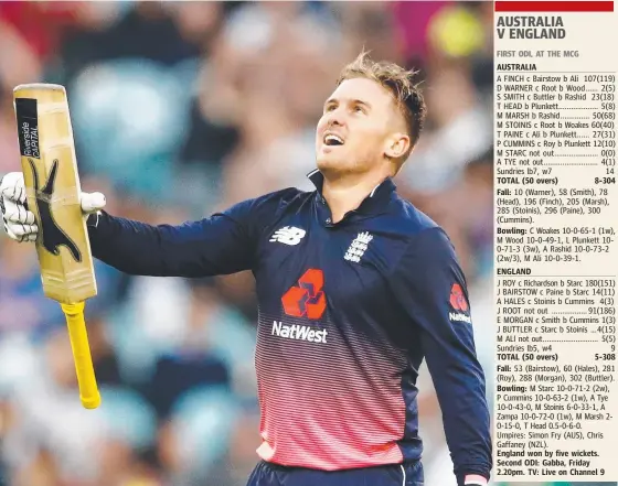  ?? STAR: England’s Jason Roy celebrates reaching his century during game one of the One Day Internatio­nal Series against Australia at the Melbourne Cricket Ground. ??