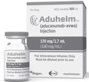  ?? BIOGEN VIA AP ?? THIS image provided by Biogen on June 7, 2021, shows a vial and packaging for the drug Aduhelm. The first new Alzheimer’s treatment in more than 20 years was hailed as a breakthrou­gh when regulators approved it in June 2021, but its rollout has been slowed by questions about its price and how well it works.