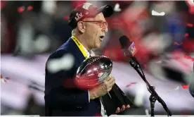  ?? ?? Tampa Bay Buccaneers and Manchester United owner Joel Glazer speaks to fans after his NFL team won February’s Super Bowl. Photograph: David J Phillip/AP