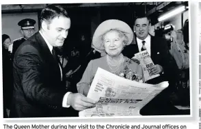  ??  ?? The Queen Mother during her visit to the Chronicle and Journal offices on November 7, 1985. Below, Princess Diana paying us a visit on April 3, 1991