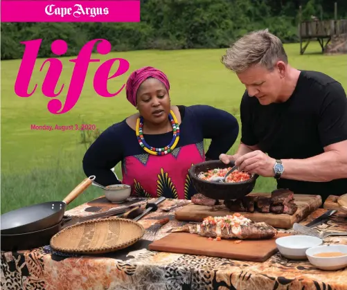  ?? ZOLA Nene observes as Gordon Ramsay tops grilled fish with ushatini, which is a combinatio­n of onions and tomatoes. JON KROLL National Geographic ??