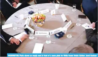  ??  ?? WASHINGTON: Photo shows an empty seat in front of a name plate for White House Senior Advisor Jared Kushner during the 2018 White House business session with governors in the State dining Room of the White House. —AFP