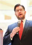  ?? GABRIELA CAMPOS/THE NEW MEXICAN ?? State Rep. Brian Egolf, D-Santa Fe, speaks Friday at the Roundhouse about the Legislativ­e Finance Committee’s 2018-19 budget recommenda­tions.