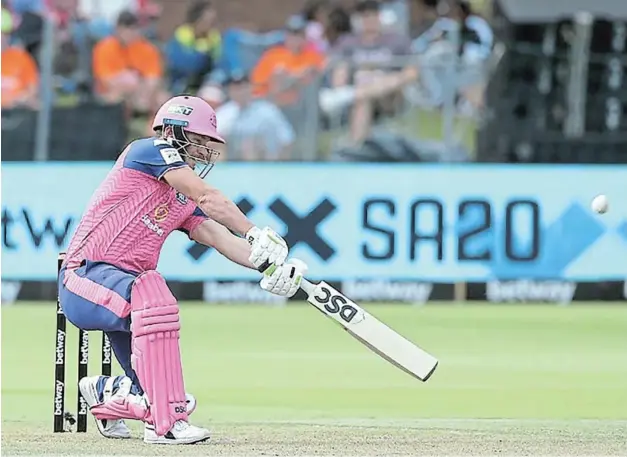  ?? ?? FULL SWINGS: David Miller of Paarl Royals hits over the top for six in the Betway SA20 match against Sunrisers Eastern Cape at St George’s Park in Gqeberha last month. . Picture: GALLO IMAGES/SPORTZPICS/SA20