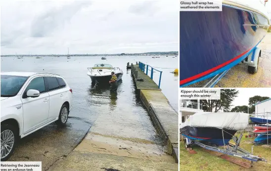  ??  ?? Retrieving the Jeanneau was an arduous task
Glossy hull wrap has weathered the elements
Kipper should be cosy enough this winter