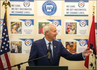  ?? (Arkansas Democrat-Gazette/Stephen Swofford) ?? Gov. Asa Hutchinson addresses reporters and members of the Department of Human Services on Tuesday during his weekly covid-19 update.