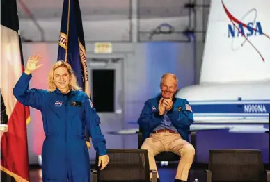  ?? Marie D. De Jesús / Staff photograph­er ?? Deniz Burnham greets the audience Monday as she and nine others are presented as NASA’s 2021 astronaut class.