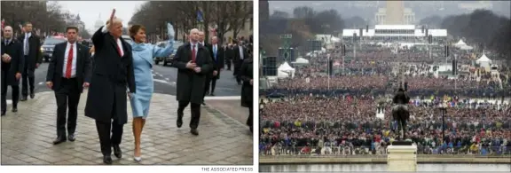  ?? THE ASSOCIATED PRESS THE ASSOCIATED PRESS ?? President Donald Trump and his wife, Melania Trump, walk along the Inaugurati­on Day parade route Friday in Washington after Donald Trump was sworn in as the 45th President of the United States. People stand on the National Mall to listen to the 58th...