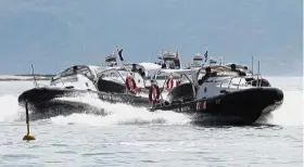  ??  ?? Power on water: A KILAT boat in action during the maritime segment by Malaysian Maritime Squadrons at the Langkawi Internatio­nal Maritime and Aerospace Exhibition 2017.
