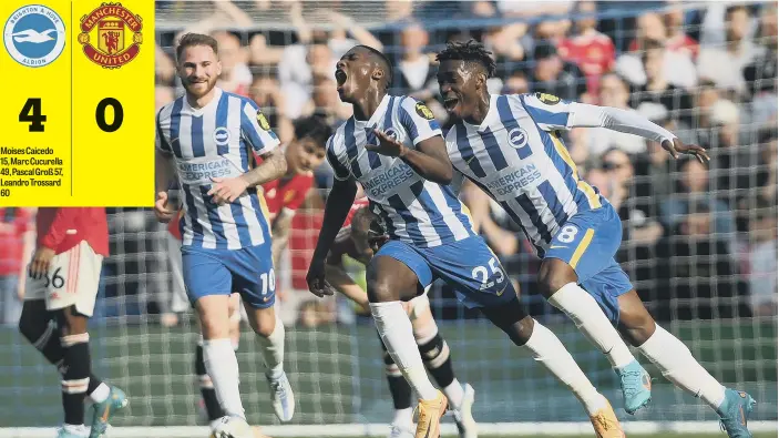  ?? ?? Moises Caicedo celebrates his goal with Yves Bissouma