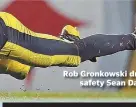 ??  ?? Rob Gronkowski drags safety Sean Davis.