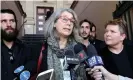  ?? Photograph: Danny Casey/AAP ?? Megan Quinn (centre), mother of Hannah Quinn, addresses media with family and friends outside the Newtown Local Court.