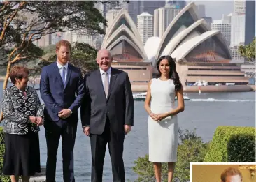  ?? Photo: The Guardian ?? Prince Harry and Meghan pose with Sir Peter and Lady Lynne Cosgrove at Admiralty House on Sydney Harbour. INSET: Prince Harry and Meghan receive their first baby gifts from Australian Governor-General Sir Peter Cosgrove in Sydney.