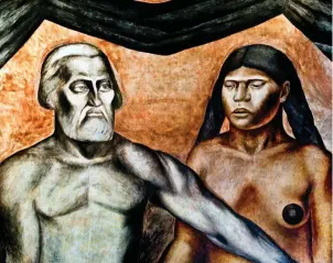  ??  ?? El muralista mexicano José Clemente Orozco retrató a la pareja formada por Cortés (con rasgos muy severos) y Malinche.