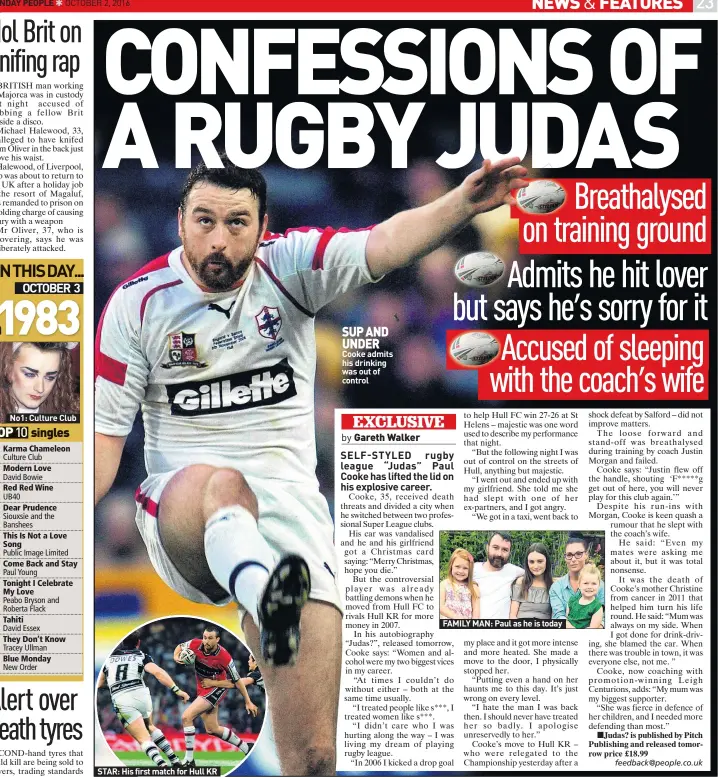  ??  ?? No1: Culture Club TOPOP10 STAR: His first match for Hull KR SUP AND UNDER Cooke admits his drinking was out of control FAMILY MAN: Paul as he is today