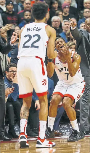  ?? RICK MADONIK TORONTO STAR ?? Raptor Kyle Lowry does not seem pleased after a pass from Patrick McCaw went out of bounds. Portland’s Carmelo Anthony scored the game winner off the ensuing inbound with 4.1 seconds left.