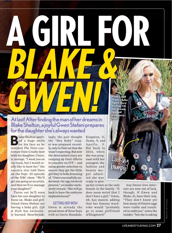  ??  ?? Looking bumpy! Fitness buff Gwen’s fuller figure (here on Aug. 13) has already sparked pregnancy buzz.