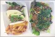  ?? PHOTO BY JESSICA YADEGARAN ?? Pork bao sandwiches and a succulent beef salad are on the menu at the new BaoTea Cafe in Pleasanton.