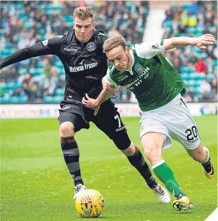  ??  ?? Hibernian’s Brandon Barker (right) takes on Motherwell’s Chris Cadden. LOUIS MOULT shaded it over Stokes for the quality of his second goal. He was a constant thorn in Hibs’ side. CRAIG TANNER’S arrival sparked Well. They looked dangerous before, but...