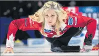  ?? CP PHOTO ?? Canada skip Jennifer Jones watches her shot as her rink faces China at the World Women’s Curling Championsh­ip in North Bay, Ont., Monday.