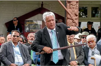  ??  ?? Brian Emery of Nga¯ti Kauwhata speaking at the po¯whiri for the hearing in March. When there was a light shower and a rainbow appeared, he said it was a symbol of Tawhaki, the ancestor, going up to the heavens and retrieving baskets of knowledge.