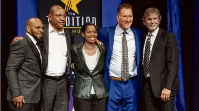  ?? MATTHEW J. LEE/GLOBE STAFF ?? Guests of honor (left to right) Kevin Faulk, Doc Rivers, Briana Scurry, Bob Sweeney, and Dennis Eckersley at TD Garden Wednesday. (Honoree Dana White is not pictured.)