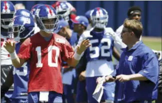  ?? ASSOCIATED PRESS FILE PHOTO ?? Quarterbac­k Eli Manning (10) talks to head coach Ben McAdoo during a June minicamp session in East Rutherford. The Giants reported to training camp on Thursday.