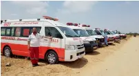  ?? Supplied photos ?? at least seven ambulances are lined up near the frontline in Gaza strip to pick up the injured. —