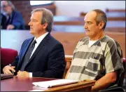  ?? NWA Democrat-Gazette/ANDY SHUPE ?? Attorney Mark Freeman (left) of Fayettevil­le sits Tuesday with client James Vancleave in Mark Lindsay’s courtroom in the Washington County Courthouse in Fayettevil­le.