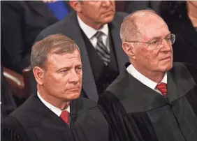  ?? JACK GRUBER/USA TODAY ?? The swing vote of Justice Anthony Kennedy, right, has decided many important Supreme Court cases. Chief Justice John Roberts, who has occasional­ly frustrated conservati­ves, may take on that deciding role.