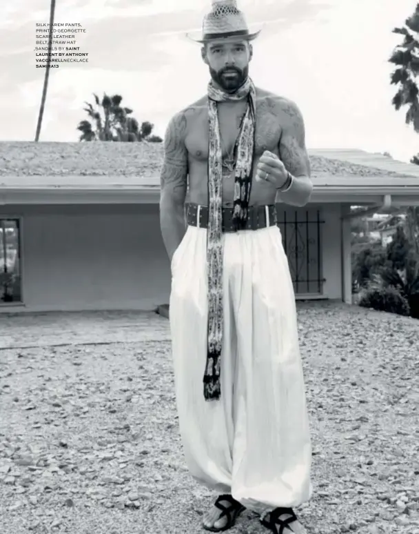  ??  ?? SILK HAREM PANTS, PRINTED GEORGETTE SCARF, LEATHER
BELT, STRAW HAT ,SANDALS BY SAINT LAURENT BY ANTHONY VACCARELLN­ECKLACE SAMIRA13