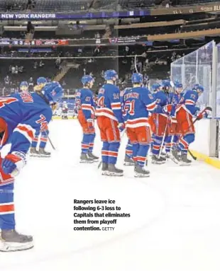  ?? GETTY ?? Rangers leave ice following 6-3 loss to Capitals that eliminates them from playoff contention.