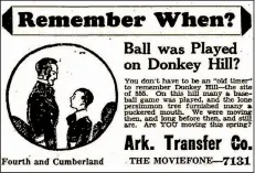  ??  ?? This ad from the March 20, 1929, Arkansas Gazette refers to the sandlot field known as Donkey Hill.