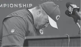  ?? DALE ZANINE/USA TODAY SPORTS ?? Packers head coach Mike McCarthy speaks to media after losing to the Falcons in the NFC Championsh­ip Game on Jan. 22 in Atlanta.