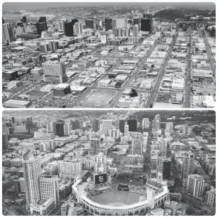  ??  ?? Aerial photos show the difference between San Diego’s East Village area before and after the constructi­on of Petco Park — a project current Pawtucket Red Sox Chairman Larry Lucchino shepherded when he was an executive with the San Diego Padres in the...