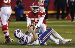  ?? JEFF ROBERSON ?? Buffalo Bills quarterbac­k Josh Allen (17) is sacked by Kansas City Chiefs defensive end Frank Clark (55) during the second half of the AFC championsh­ip NFL football game, Sunday, Jan. 24, 2021, in Kansas City, Mo.