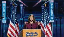  ?? AP PHOTO/CAROLYN KASTER ?? Democratic vice presidenti­al candidate Sen. Kamala Harris, D-Calif., speaks during the third day of the Democratic National Convention, Wednesday at the Chase Center in Wilmington, Del.