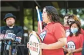  ?? SENTINEL WILLIE J. ALLEN JR./ORLANDO ?? Sofia Ortiz, a housekeepe­r for Walt Disney Co., speaks during a news conference Thursday outside the Orange County commission­ers’ offices.