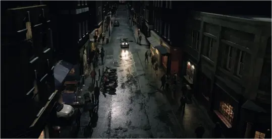  ??  ?? Clockwise above: A street scene for Good Omens filmed on a partial set with greenscree­n areas for the background
Milk VFX’S CG building extensions for the street scene
The final composite