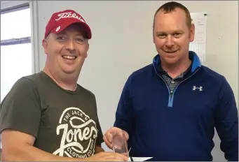  ??  ?? MacBride Club Matchplay Gents Inter grade winner Ray McKenna receives his prize from club competitio­n secretary Barry Thornton.