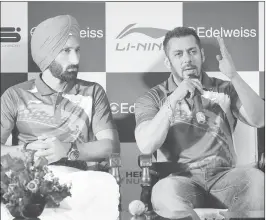  ??  ?? Bollywood actor Salman Khan with hockey captain Sardar Singh during a function where the actor was announced as Goodwill Ambassador of Indian contingent for Rio Olympics 2016, in New Delhi on Saturday.