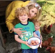  ??  ?? Breakfast treat: Ticky and her sons collecting eggs fresh from the coop at Berridon Farm