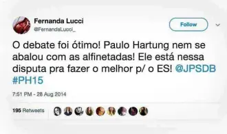  ?? Reprodução/Twitter ?? ‘Fernanda Lucci’ também ‘fez campanha’ para Paulo Hartung ao governo do Espírito Santo