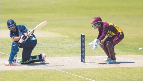  ?? Picture: DAVE ACREE/AAP ?? RELAX WITH MAX: Glenn Maxwell plays a sweep shot to bring up his half-century on his way to 80 off 91 balls in the JLT one-day cup match between Queensland and Victoria at Riverway Stadium yesterday.