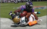  ?? AP PHOTO ?? Jacksonvil­le Jaguars wide receiver Allen Robinson (15) catches an 11-yard pass for a touchdown in front of Baltimore Ravens cornerback Shareece Wright.