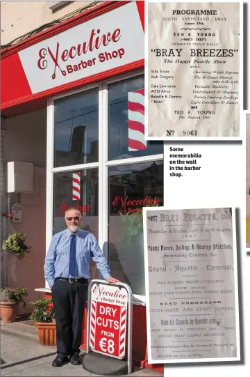  ??  ?? Tommy outside his shop on Florence Road, Bray.
Some memorabili­a on the wall in the barber shop.