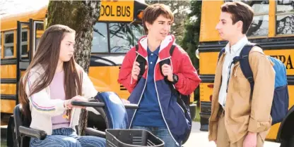  ?? TBS ?? On “Chad,” the 14-year-old title character is played by 39-year-old woman Nasim Pedrad (center, with Alexa Loo and Jake Ryan).