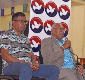  ?? Photo: Mereleki Nai ?? National Federation Party leader Biman Prasad and The People’s Alliance leader Sitiveni Rabuka at the election campaign in Korovuto College in Nadi on May 19, 2022.