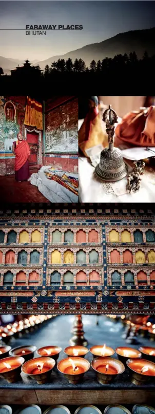  ??  ?? Left, from top: sunrise over Jakar Dzong; a monk at Trongsa Dzong; an antique bell at the monastery; intricate facades in Paro; ubiquitous prayer candles