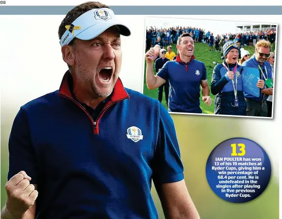  ?? GETTY IMAGES ?? Family affair: Poulter lets it all out as he turns the tide and (inset) his partner McIlroy celebrates with Poulter’s son Luke, 14